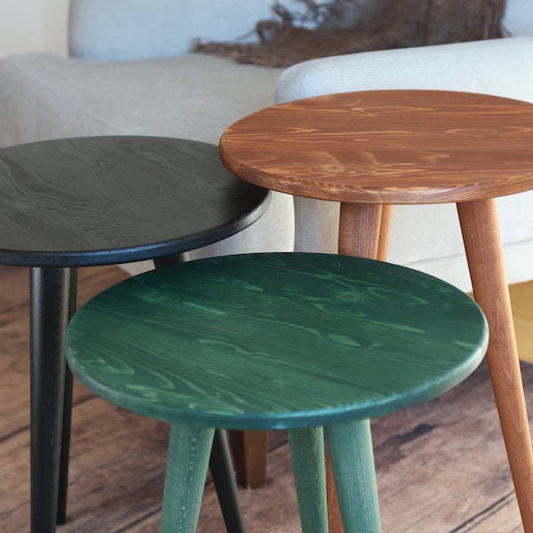 Petites tables de chevet en bois de noyer, ensemble de tables basses ovales basses, meubles de maison faits main modernes du milieu du siècle, table basse ronde minimaliste