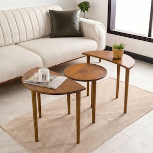 Sun and Moon Elips Nesting End Side Table Set of 3, Natural Wood Nested Small Coffee Tables Set