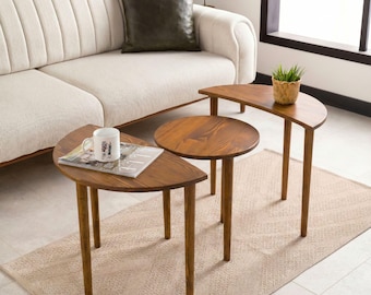 Sun and Moon Elips Nesting End Side Table Set of 3, Natural Wood Nested Small Coffee Tables Set