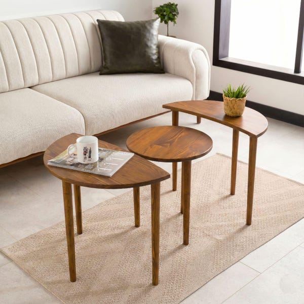 Sun and Moon Elips Nesting End Side Table Set of 3, Natural Wood Nested Small Coffee Tables Set