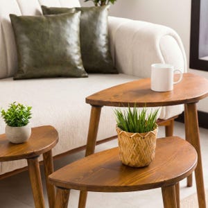 May include: Two wooden side tables with a semi-circular top and three legs. One table holds a white ceramic mug, and the other holds a small potted plant in a woven basket. A small potted plant in a gray pot sits on the lower table.