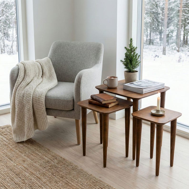 Walnut Wood Nesting End Table Set of 3, Small Side Coffee Table, Mid Century Modern Square Table Nest Table Set 2 Livingroom Furniture image 1