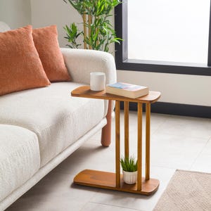 End Side Coffee Table with Storage, Narrow Side Small Sofa Couch Table C Shape Solid Oak Pine Wood Tables image 15