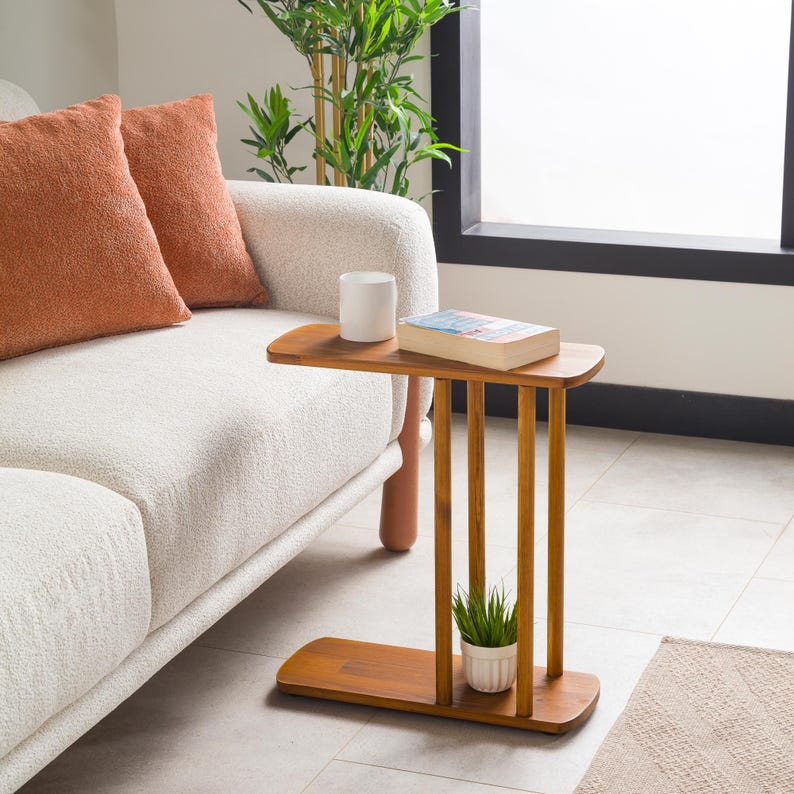 End Side Coffee Table with Storage, Narrow Side Small Sofa Couch Table C Shape Solid Oak Pine Wood Tables image 15
