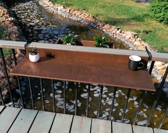 Balcony Bar Table for Railing, Wooden Apartment Deck Foldable Railing Table  with Plant Stand, Spacesaver Folding Pub Table Patio Furniture
