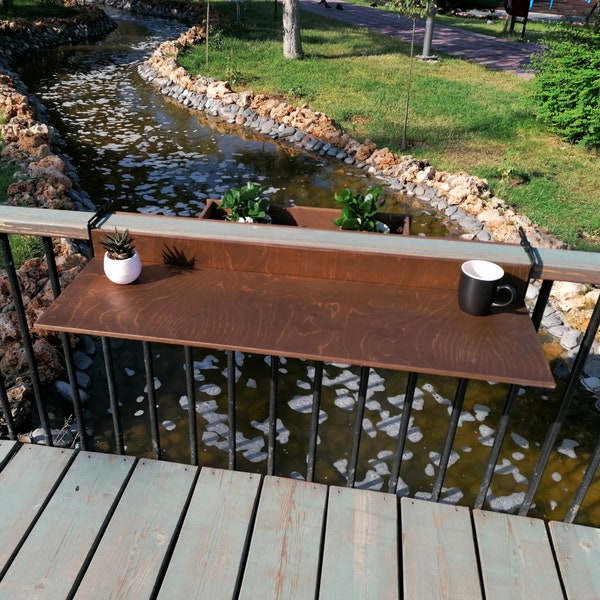 Mesa de bar para balcón para decoración de barandillas, mesa de barandilla de cubierta de apartamento de madera, muebles de patio al aire libre pequeños que ahorran espacio, mesa de bebidas con riel plegable