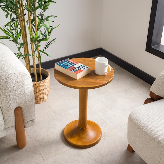 Round End Side Table with Pedestal Leg Solid Oak Wood Coffee Tables and One Tulip Legs Narrow Sofa Table