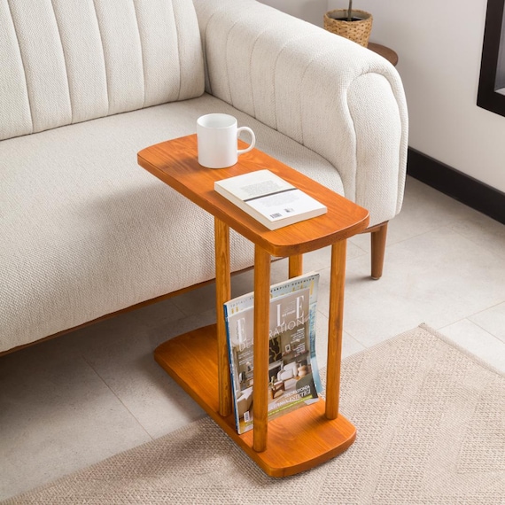 Narrow C Shape End Side Table: Slim Solid Chestnut Wood Coffee