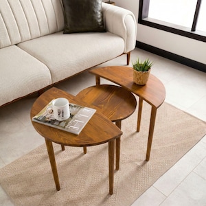 Sun and Moon Elips Nesting End Side Coffee Table Set of 3, Mid-Century Modern Natural Wood Small Cofee Tables Nest Set Livingroom Furniture