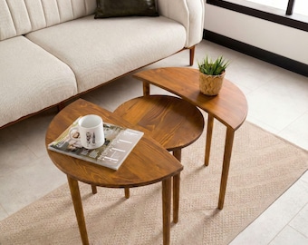 Sun and Moon Elips Nesting End Side Coffee Table Set of 3, Mid-Century Modern Natural Wood Small Cofee Tables Nest Set Livingroom Furniture