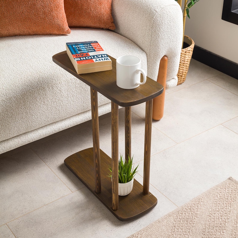 End Side Coffee Table with Storage, Narrow Side Small Sofa Couch Table C Shape Solid Oak Pine Wood Tables image 18