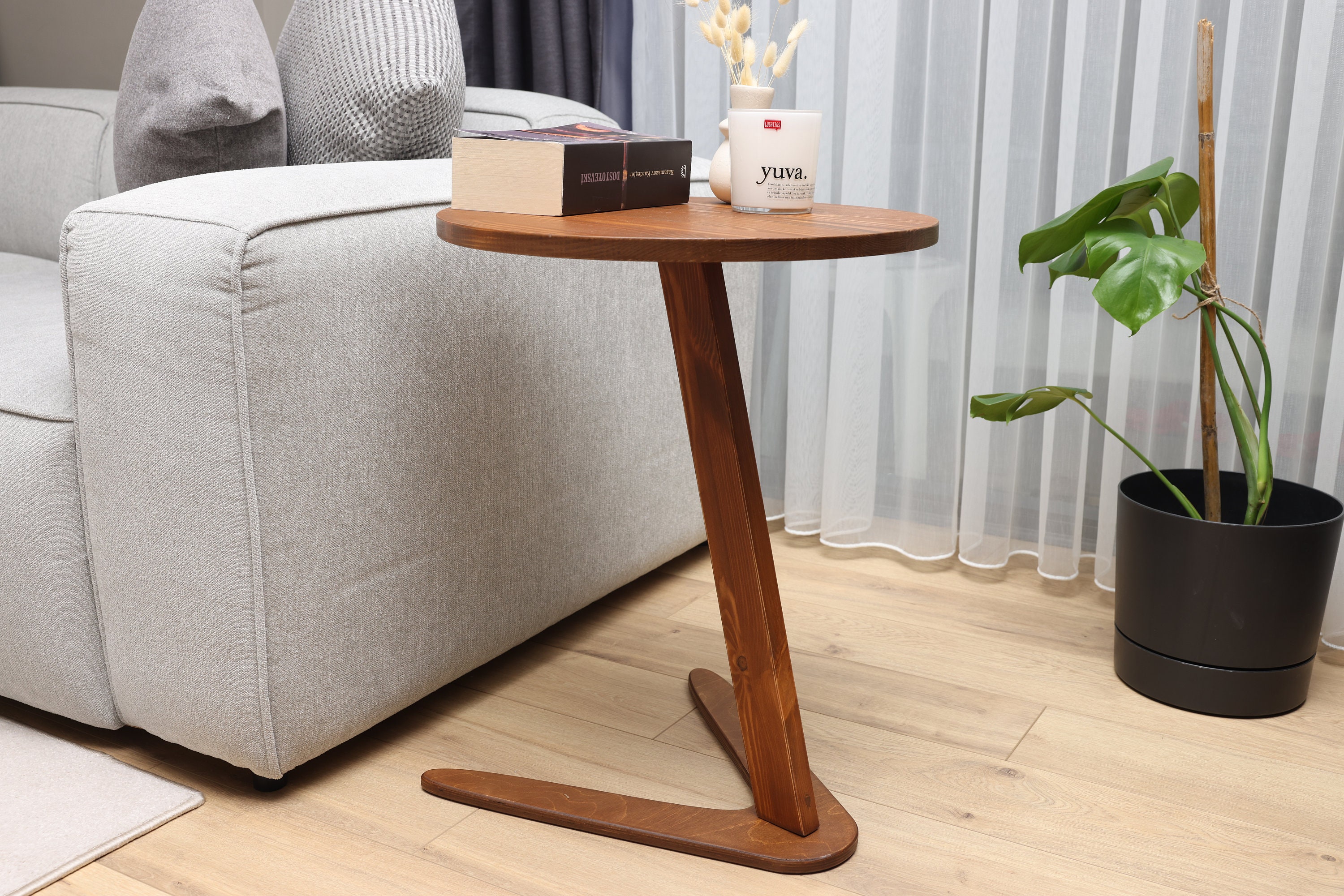 Tavolino Da Divano Regolabile Con Ruote - Forma C, Legno, Girevole 360°, Altezza 45-80cm