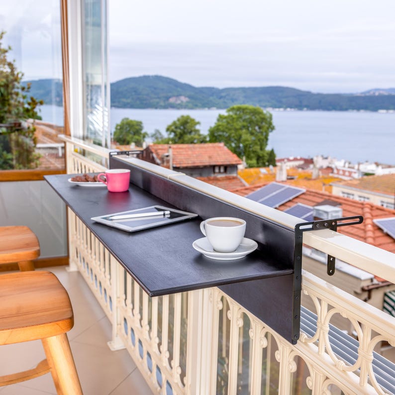 We perfectly combine Balcony Bar Table with Space Saver Railing Pub Table for Home Outdoors Patio! Here is Wooden Apartment Deck Table Outdoor Hosting Furniture!