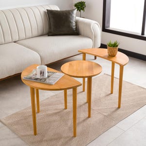 Sun and Moon Elips Nesting End Side Coffee Table Set of 3, Mid Century Modern Natural Wood Small Coffee Table Nest Set Livingroom Furniture