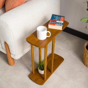 Table basse avec rangement, table d'appoint étroite en forme de C, chêne massif et pin, petit canapé, table d'appoint, meubles de salon