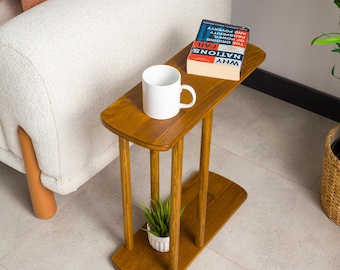 Beistelltisch mit Aufbewahrung, schmaler Beistelltisch C-Form Eiche massiv Kiefernholz, kleines Sofa Couch Beistelltisch Wohnzimmermöbel