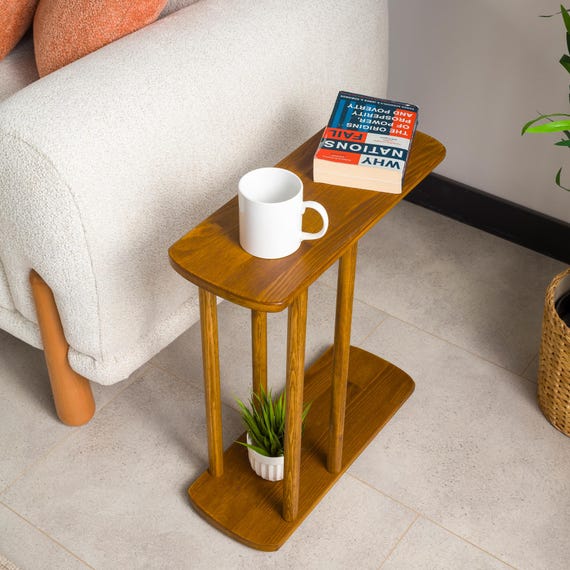 End Side Coffee Table with Storage, Narrow Side Table C Shape Solid Oak Pine Wood, Small Sofa Couch End Side Table Livingroom Furniture