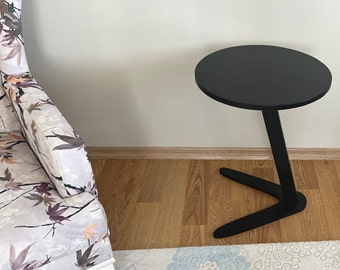 Black Bedside C End Tables Furniture for Home, Small Oval Coffee Table, Handmade Unique Walnut Wood C Shaped Side Table for Sofa