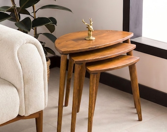 Nesting End Side Coffee Table Set of 3, Solid Pine Wood Mid Century Small Round Nest Tables Sets 2