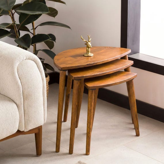 Nesting End Side Coffee Table Set of 3, Solid Pine Wood Mid Century Small Round Nest Tables Sets 2