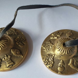 Pair of Buddhist Prayer Cymbals Tingshaw Set||Astamangala & Mantra Om Mani Padme Hum Engraved Raised..For Prayer yoga meditation relaxation