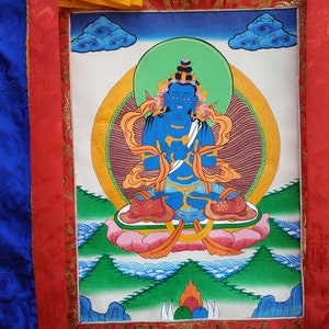 Vajradhara | Dorje Chang | Blue Face Nirvana| Tibetan Nepali painting in brocade |Thangka Handpainted Thanka Painting Framed in silk brocade