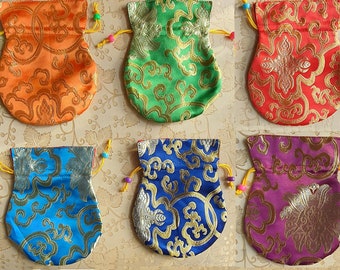 Drawstring Bag Pouch • •Nomadic Traditional Ethnic Ritual Colourful Tibetan Buddhist Silk Mala Beads Bag Pouch