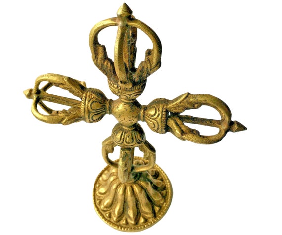 Vajra Dorje Bouddhiste En Laiton - Outil Rituel Tibétain Vintage - 8.3x2.5 Cm - 2