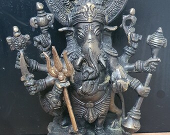 24cm Tall Eight-Armed Dark Drishti Ganesh on Lion,Hinduism Nepal Handcrafted Brass Statue