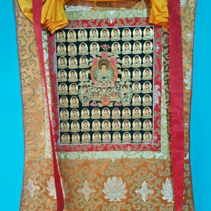 Golden Red 65 Shakyamuni Buddha Handpainted Thangka Thanka Painting Framed in silk brocade