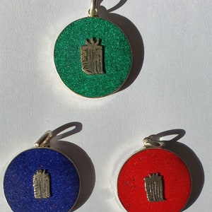 Buddhist Mantra White Metal Pendant in Turquoise, Lapiz and Coral Colours ,Round Mandala,Handcrafted Buddhism,Yoga Meditation