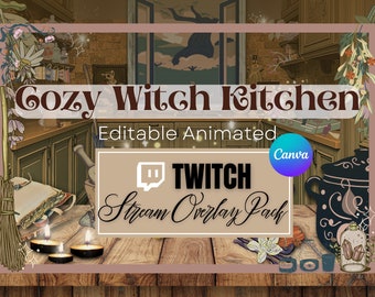 May include: A digital illustration of a cozy witch's kitchen with a wooden floor, a broom, candles, and a cauldron. The text "Cozy Witch Kitchen Editable Animated Stream Overlay Pack" is displayed on the image. The text "Canva" is also displayed on the image.