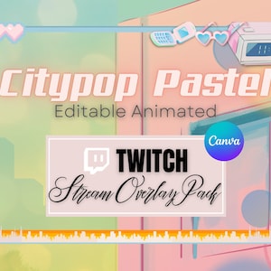Customizable Retro Twitch Overlay Citypop Pastel Aesthetic Stream Pack, Scenes, Premade Overlays, Panels, Editable elements in Canva