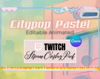 Paquete de superposiciones retro personalizables para Twitch con estética Citypop Pastel, escenas, superposiciones prefabricadas, paneles y elementos editables en Canva