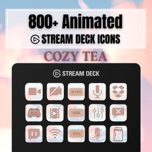 May include: A black Stream Deck with 15 animated icons for streaming. The icons are white with pink accents and include a camera, microphone, intro, BRB, and more. The text "800+ Animated Stream Deck Icons" and "Cozy Tea" are at the top of the image.