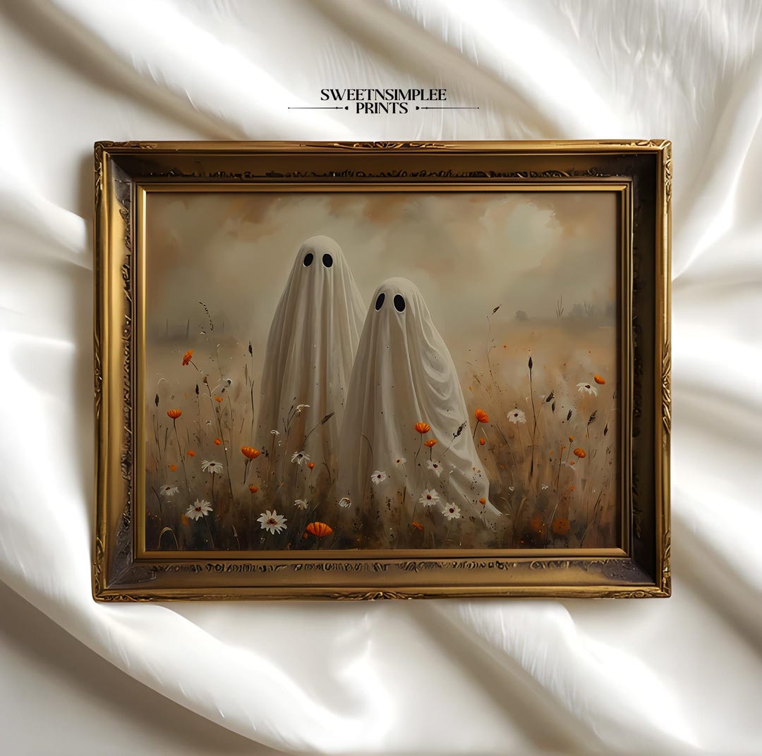 Vintage Cute Ghosts in Wildflower Meadow Print Spooky Halloween Fall ...