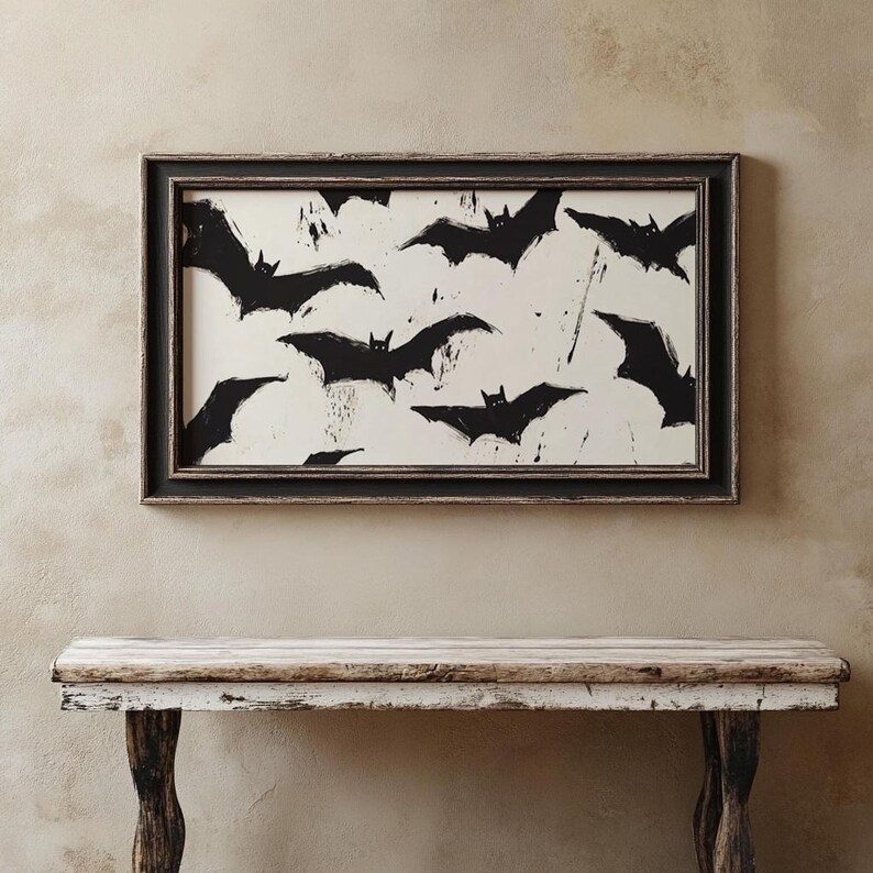 Halloween Frame TV Art Black Bats & Neutral Fall Decor Black and White