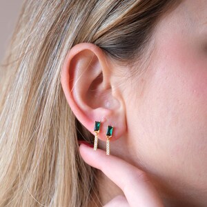 Emerald Stick Earrings,Sterling Silver Stud Earrings,Dainty Emerald Stud Earrings,Zircon Dangle Earrings,Green Stone Earrings,Gift For Her