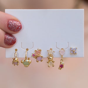 Cute Stud Hoop Earrings Set,Baby Bear Stacked Earring Set,Ear Piercing Set,Pink Earring Set