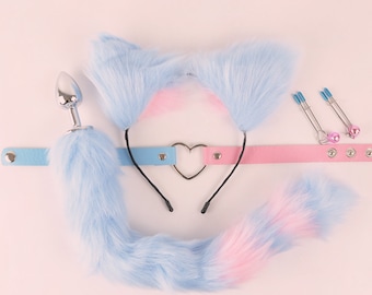 Set of BDSM starter - Butt Plug Fox Tail,Nipples Clamps,Kitten Play Collar Choker,Cat Ears Headbands - Starter Cosplay Set For Women