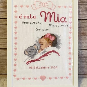 Quadretto nascita, ricamato a punto croce, regalo nascita, mamma, babyshower, cross stich, regalo originale, quadretto nascita punto croce
