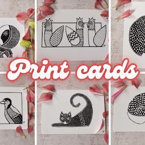 DIVERS Kunst kaart illustratie ansichtkaart dieren kat astronaut linodruk linoprint