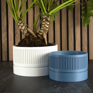 May include: A white planter with a ribbed design and a blue planter with a ribbed design. Both planters are empty.