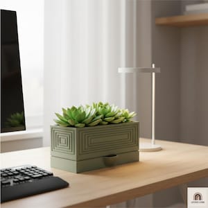 モダンな自動給水プランター、マットグリーン 20 cm ポット、3Dプリント屋内プランター、ミニマリスト