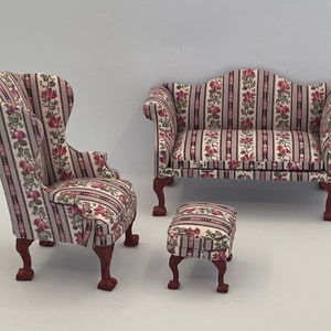 1:12 Miniatura domku dla lalek, sofa, fotel i podnóżek w stylu francuskim