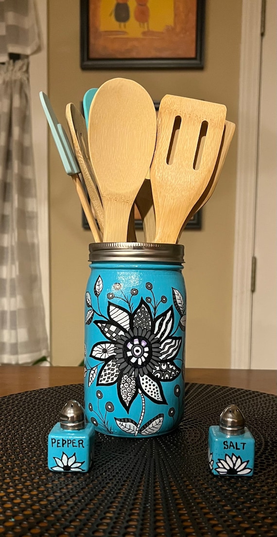 Hand-painted Kitchen Utensil Holder With Matching Salt and 