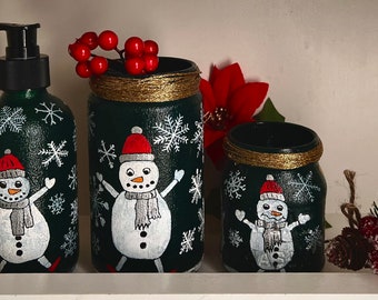 Christmas-Snowman/Snow girl bathroom decor. Soap dispenser, toothbrush holder and cotton ball jar.