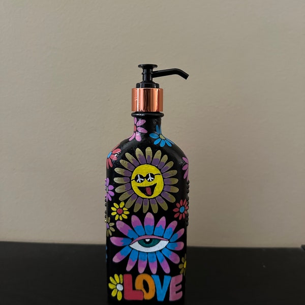 Hand-painted Hippie themed glass soap dispenser. Free shipping.