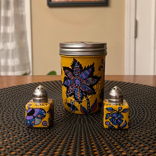 Hand-painted grated cheese serving jar with matching salt and pepper shakers.
