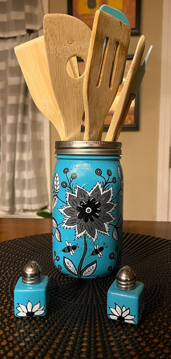 Hand-painted Kitchen Utensil Holder With Matching Salt and 